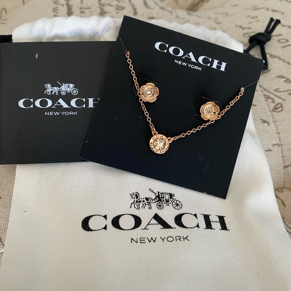 Coach Open Circle necklace and Tea Rose stud earrings set - Rose Gold plated